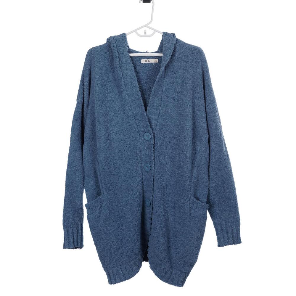 UGG Franca Hooded Travel Cardigan M/L Blue Button Up Pockets Soft Casual